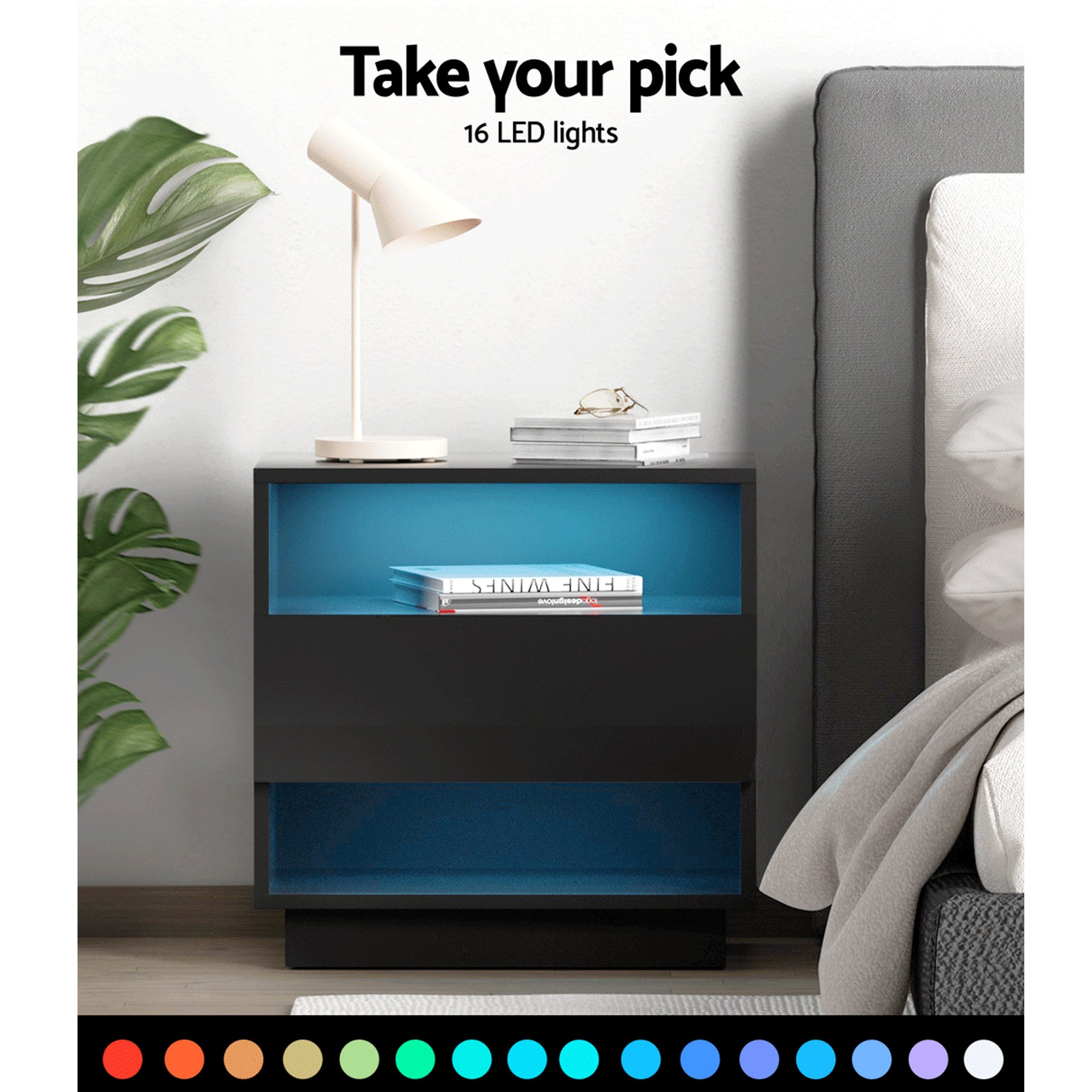 Artiss 2x Bedside Table LED with 2 Shelves - HANA Black Awezingly