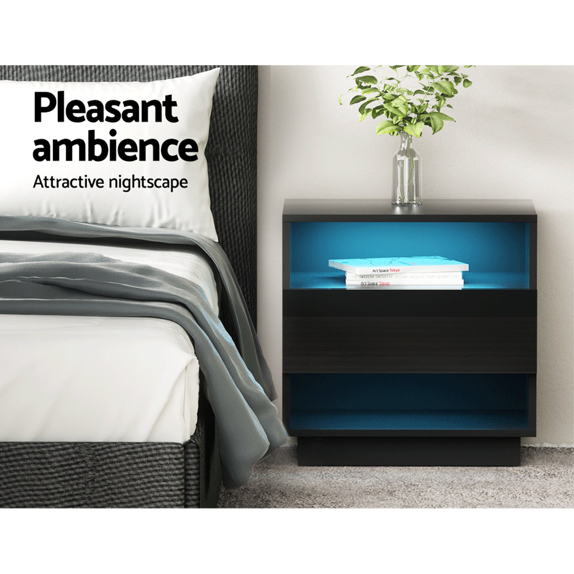 Artiss 2x Bedside Table LED with 2 Shelves - HANA Black Awezingly