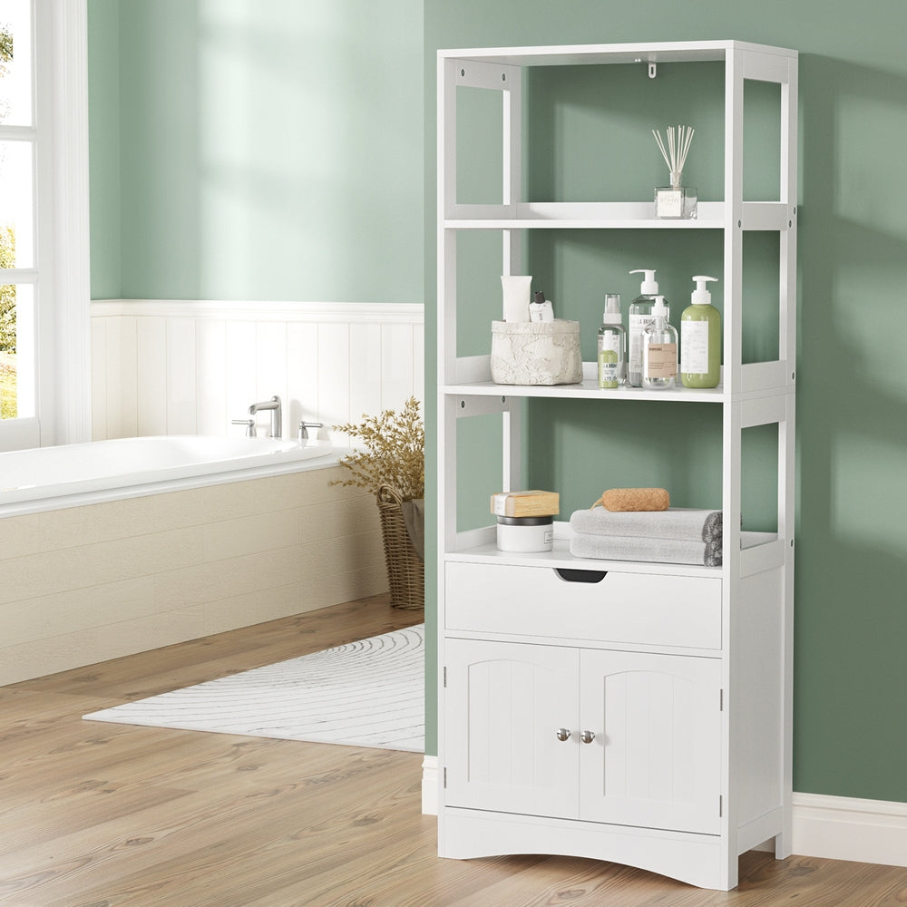 Artiss Bathroom Floor Storage Cabinet with 2 Drawers 3 Open Shelves 2 Doors White Artiss