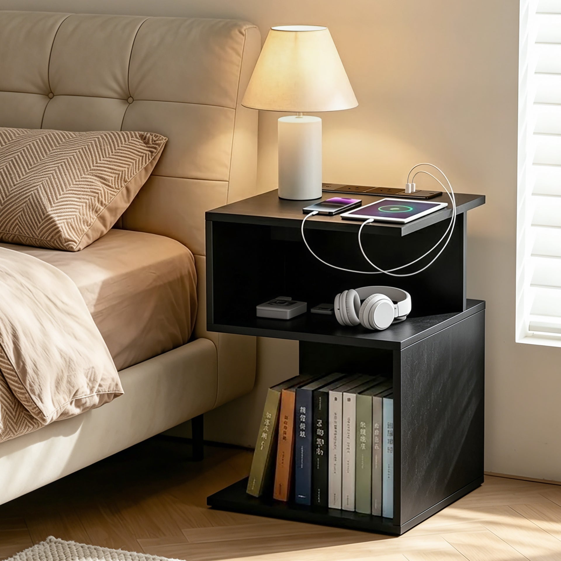 Artiss Bedside Table 2 Shelves S-Shaped Charging Station Black Awezingly