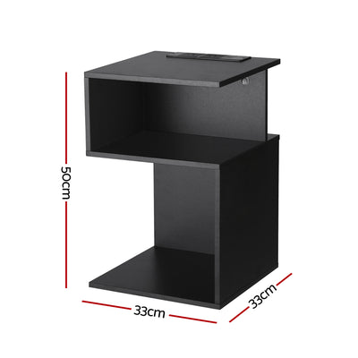 Artiss Bedside Table 2 Shelves S-Shaped Charging Station Black