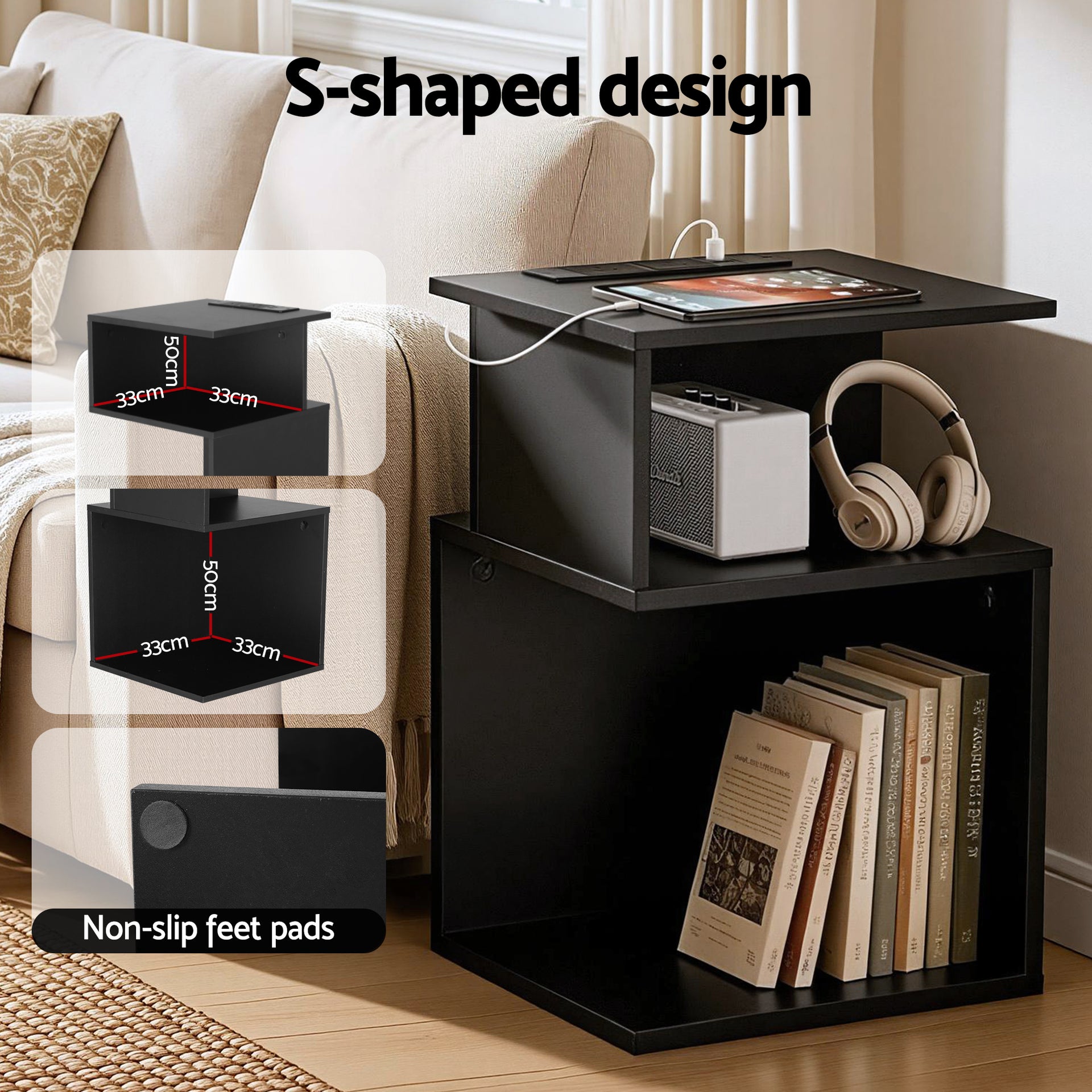 Artiss Bedside Table 2 Shelves S-Shaped Charging Station Black Awezingly