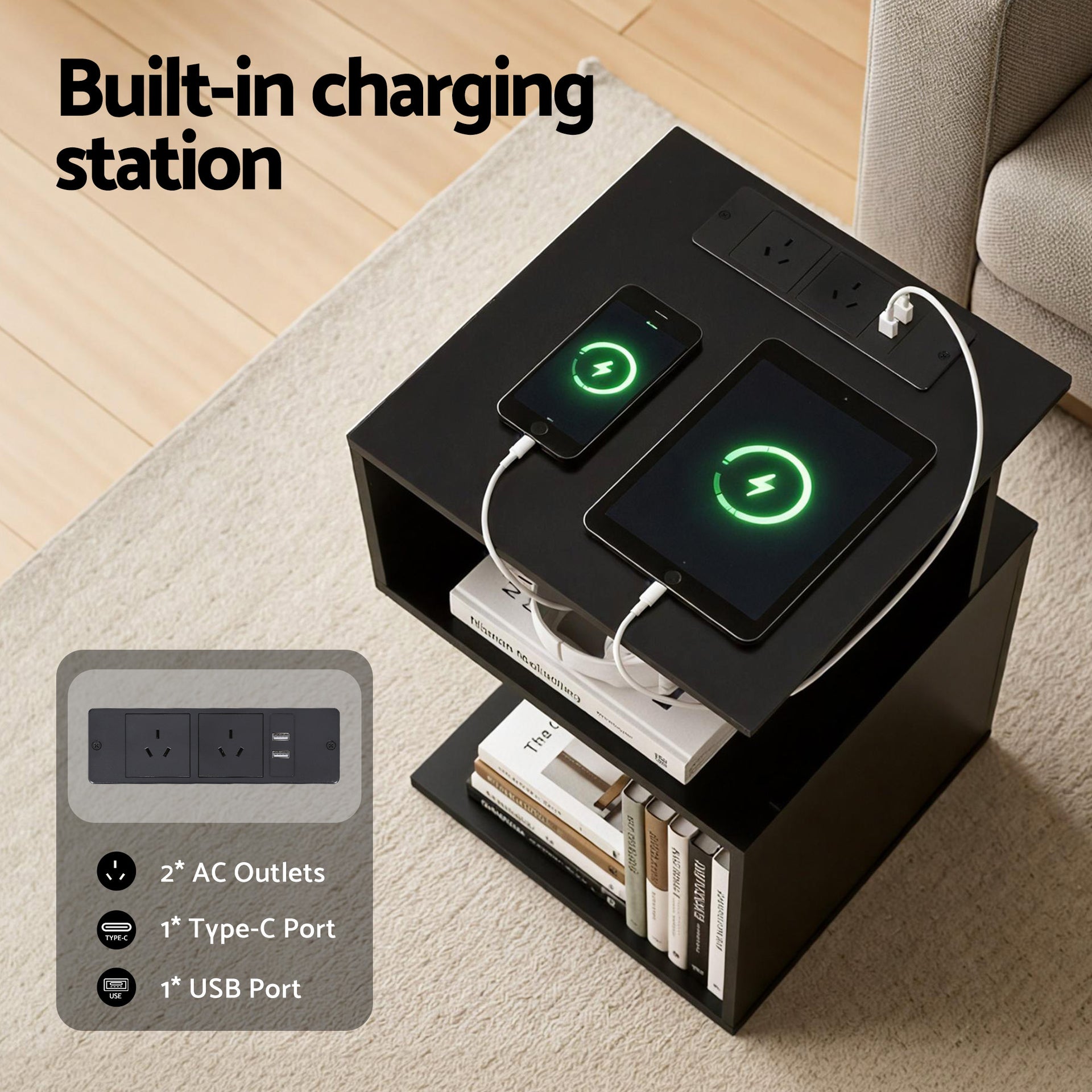 Artiss Bedside Table 2 Shelves S-Shaped Charging Station Black Awezingly