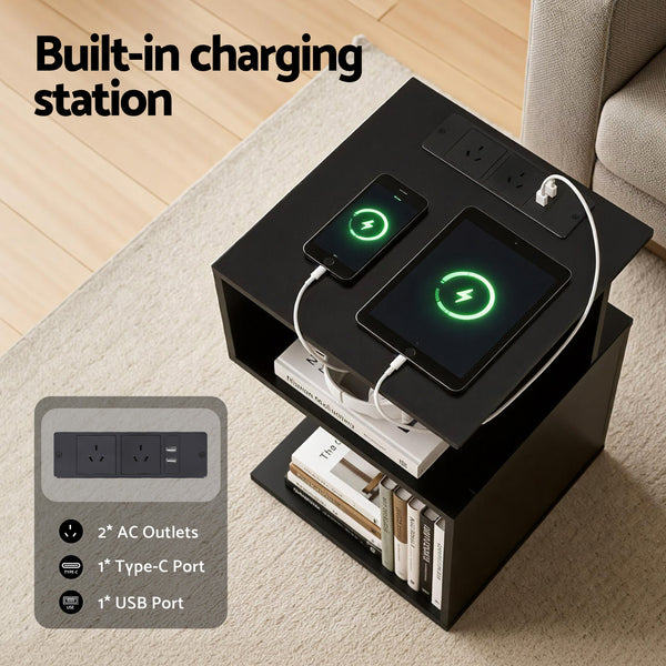 Artiss Bedside Table 2 Shelves S-Shaped Charging Station Black Awezingly