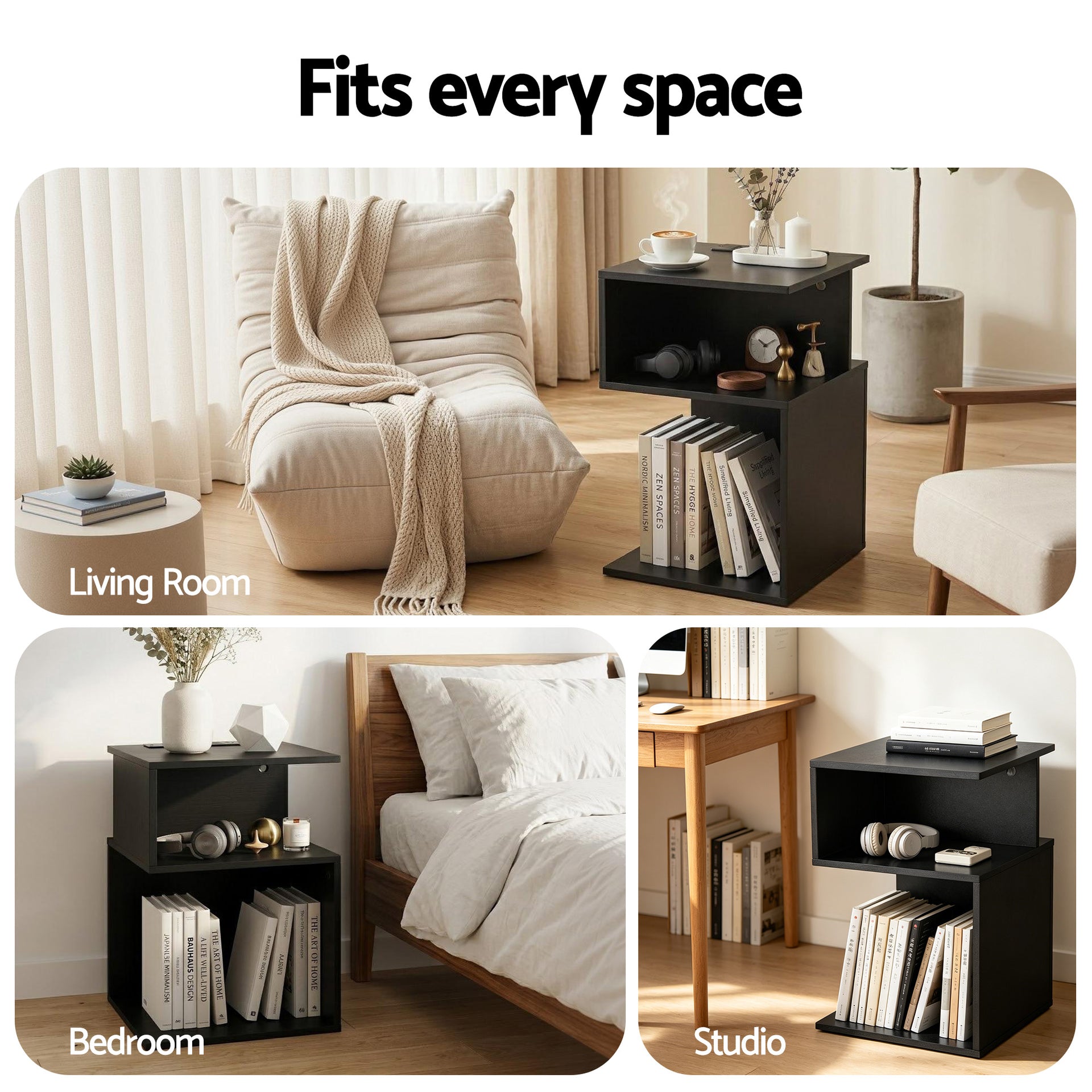 Artiss Bedside Table 2 Shelves S-Shaped Charging Station Black Awezingly