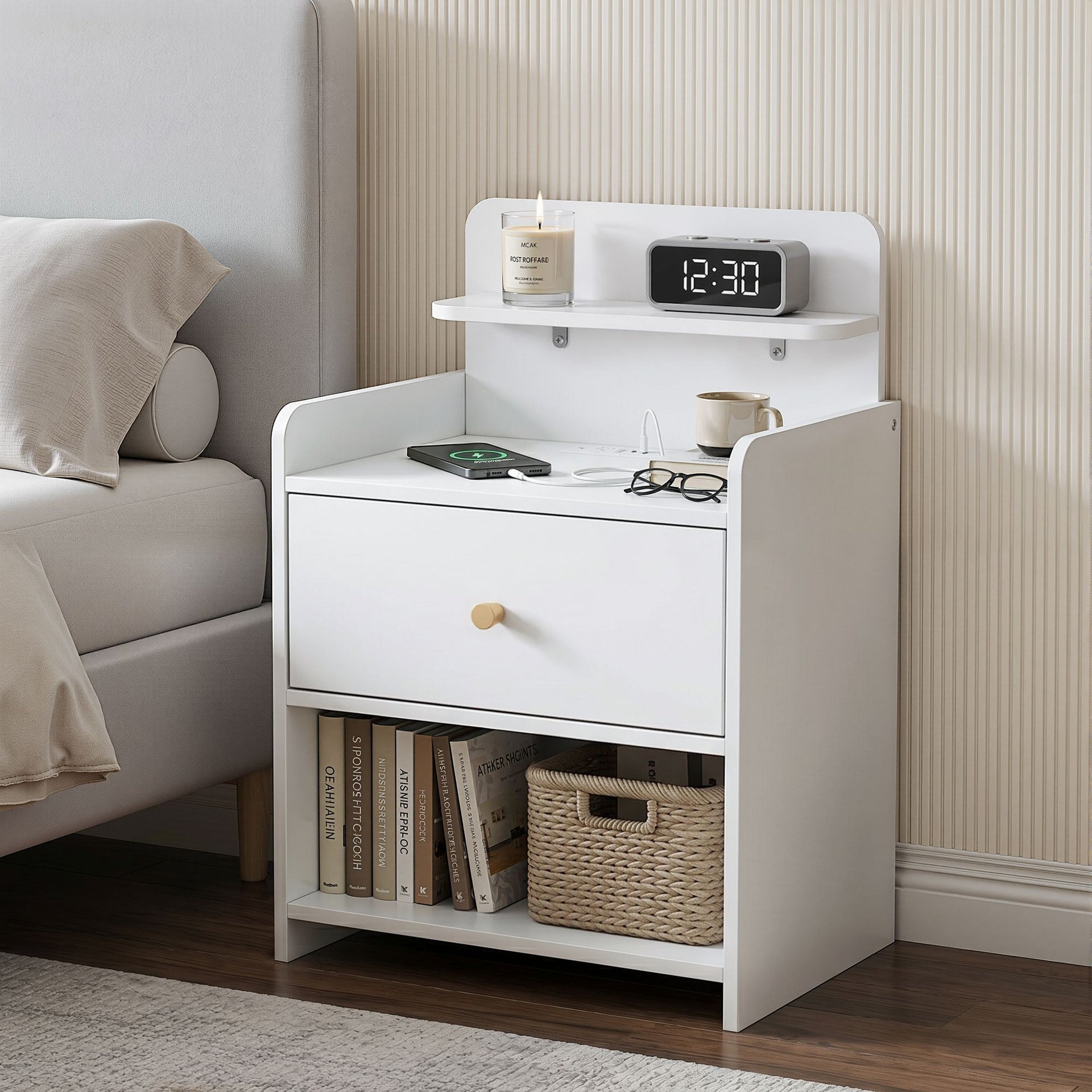 Artiss Bedside Table Drawer Charging Station White Artiss