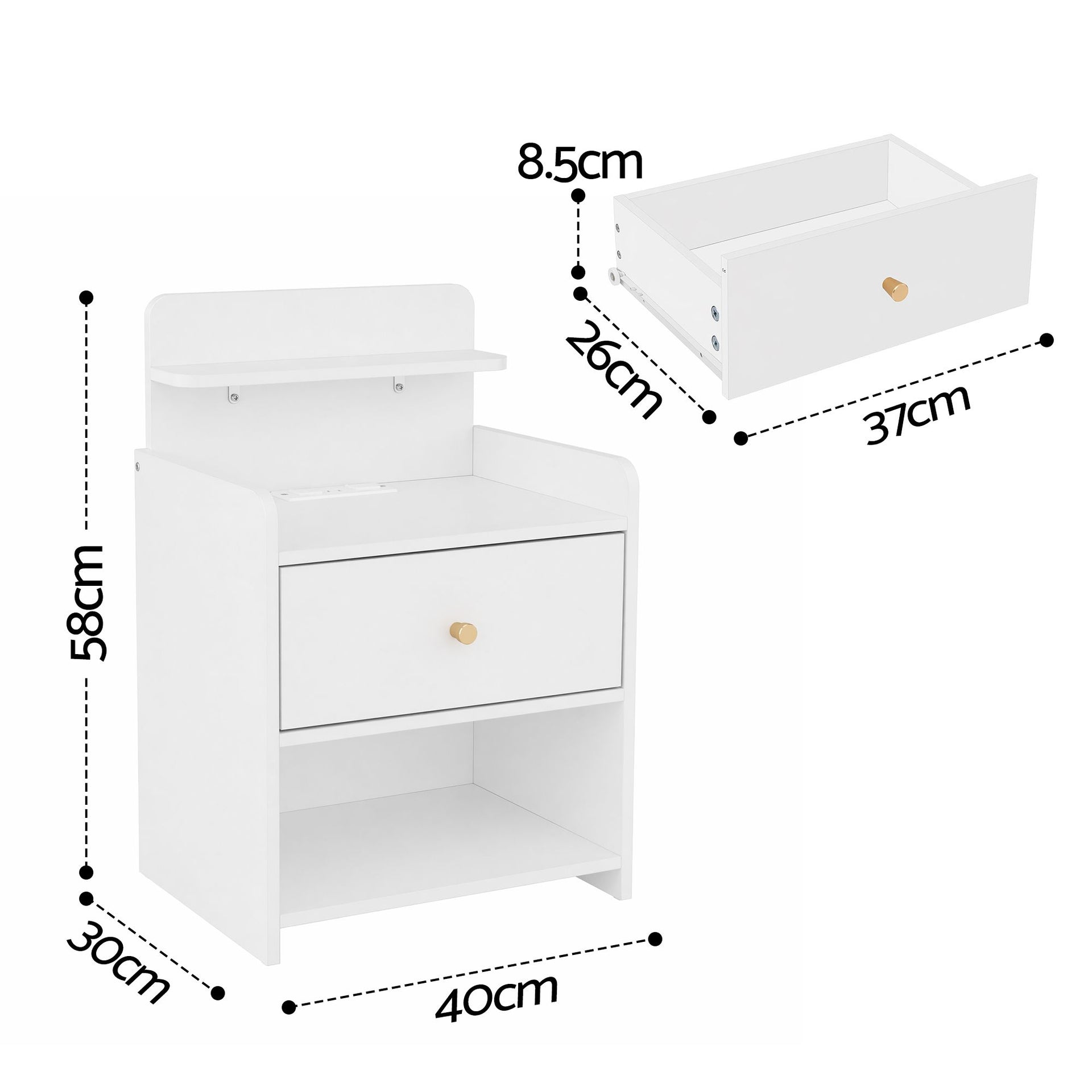 Artiss Bedside Table Drawer Charging Station White Artiss