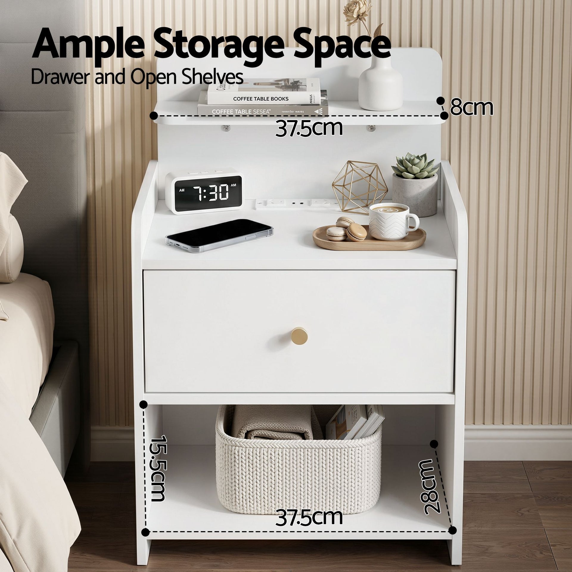 Artiss Bedside Table Drawer Charging Station White Artiss