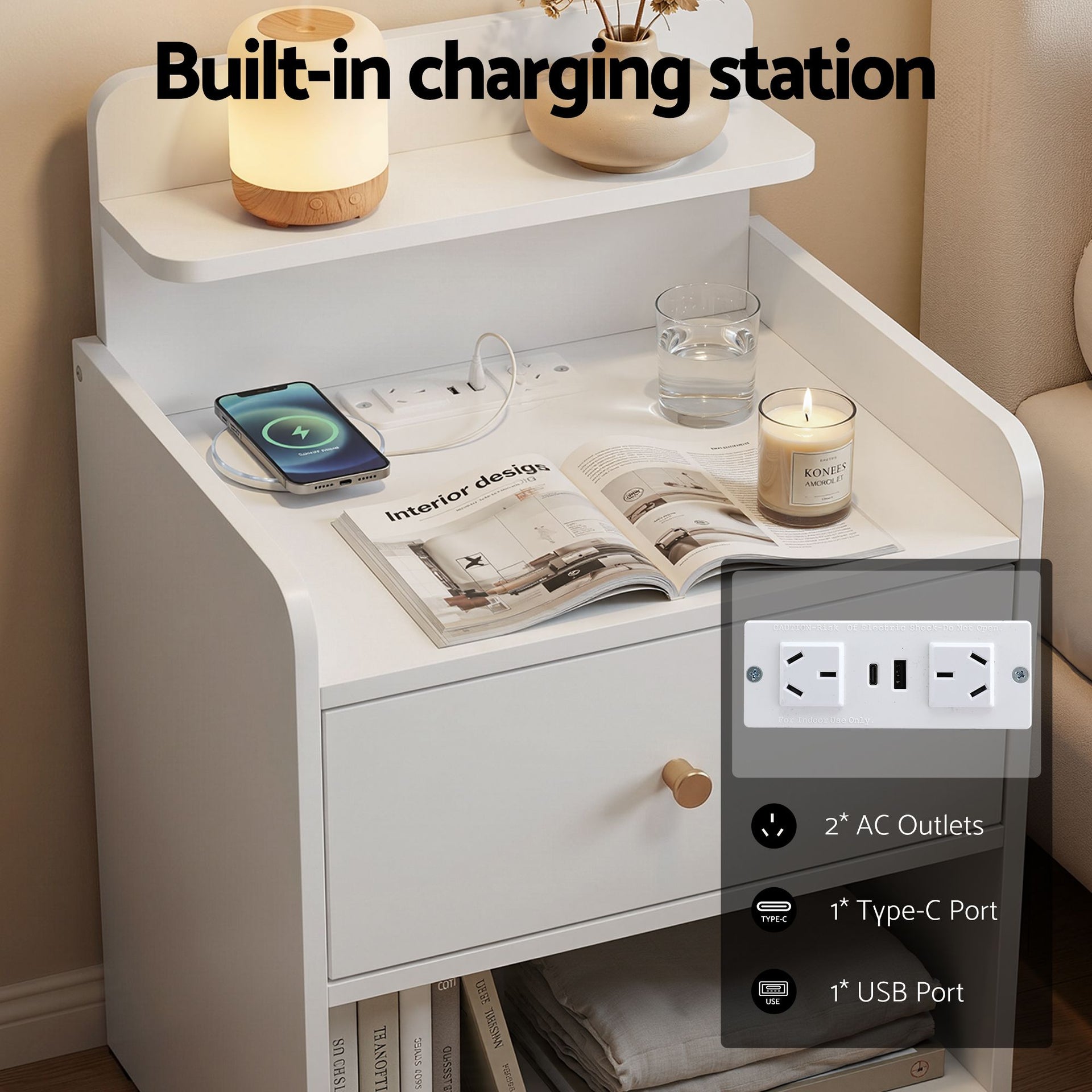 Artiss Bedside Table Drawer Charging Station White Artiss