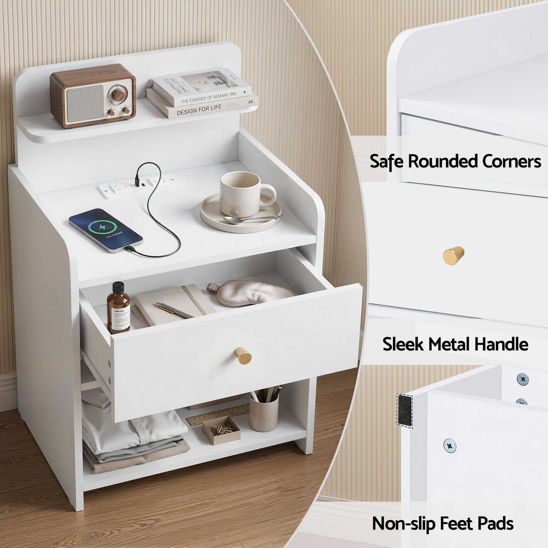 Artiss Bedside Table Drawer Charging Station White Artiss