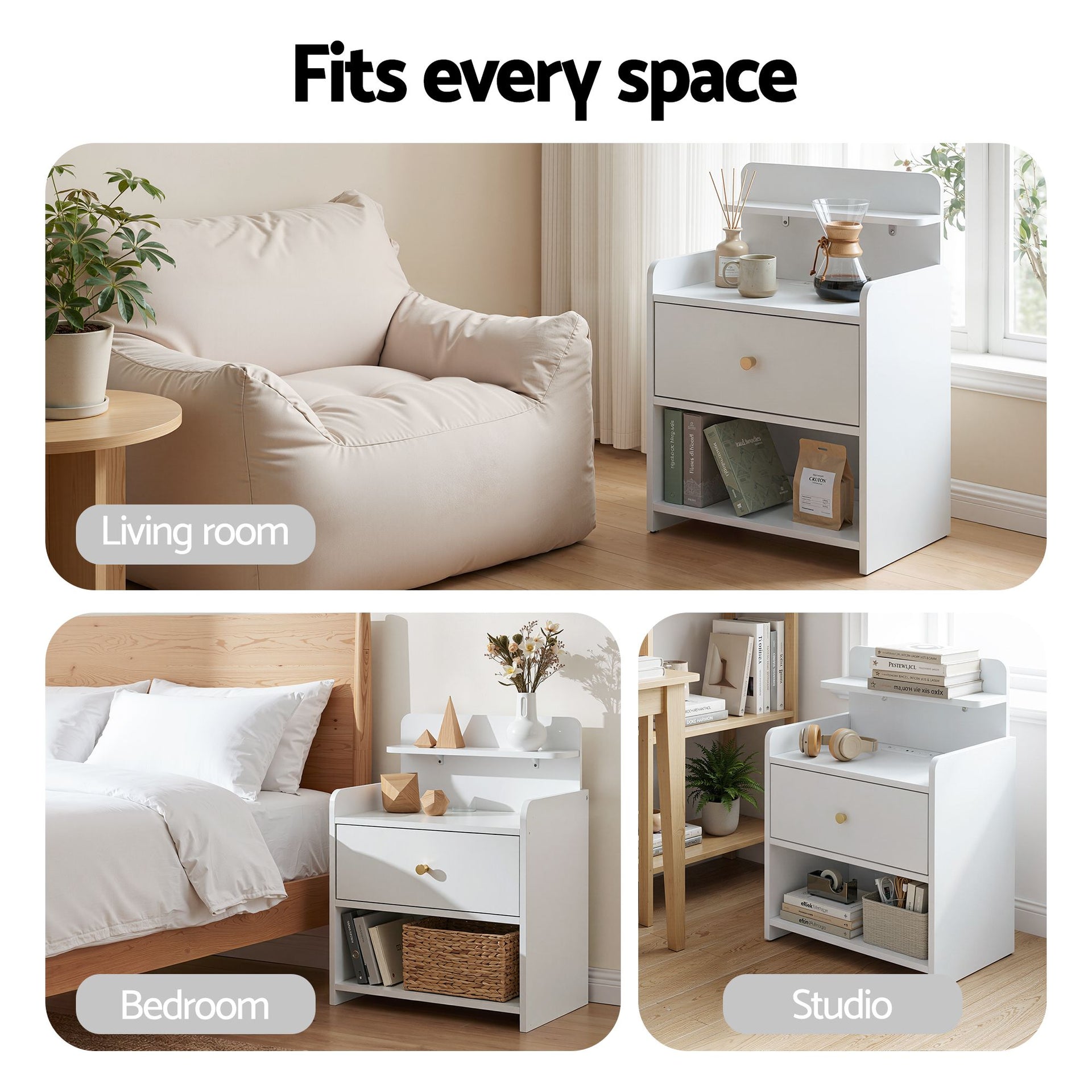 Artiss Bedside Table Drawer Charging Station White Artiss