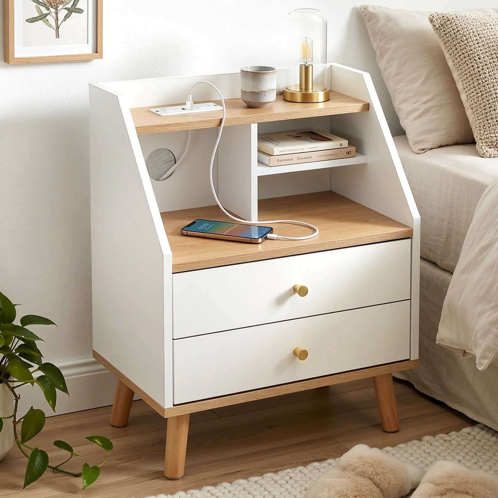 Artiss Bedside Table 2 Drawers Charging Station White and Pine Awezingly