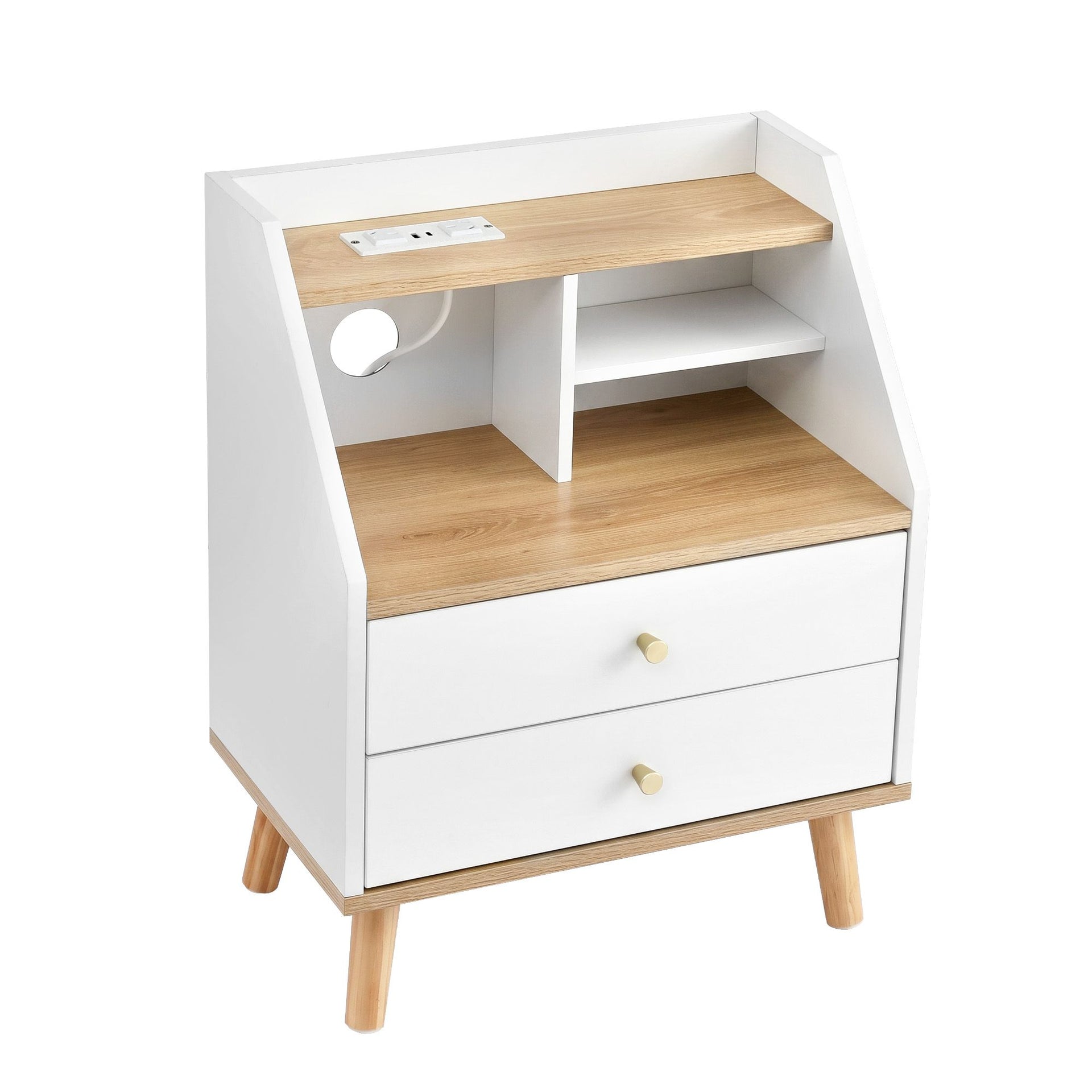 Artiss Bedside Table 2 Drawers Charging Station White and Pine Awezingly