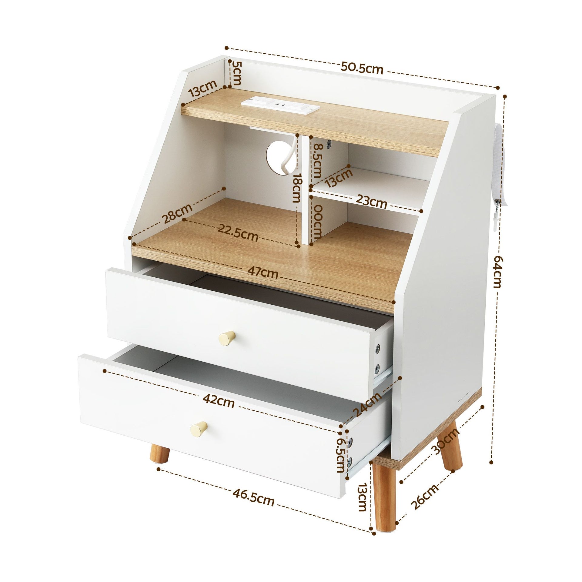 Artiss Bedside Table 2 Drawers Charging Station White and Pine Awezingly