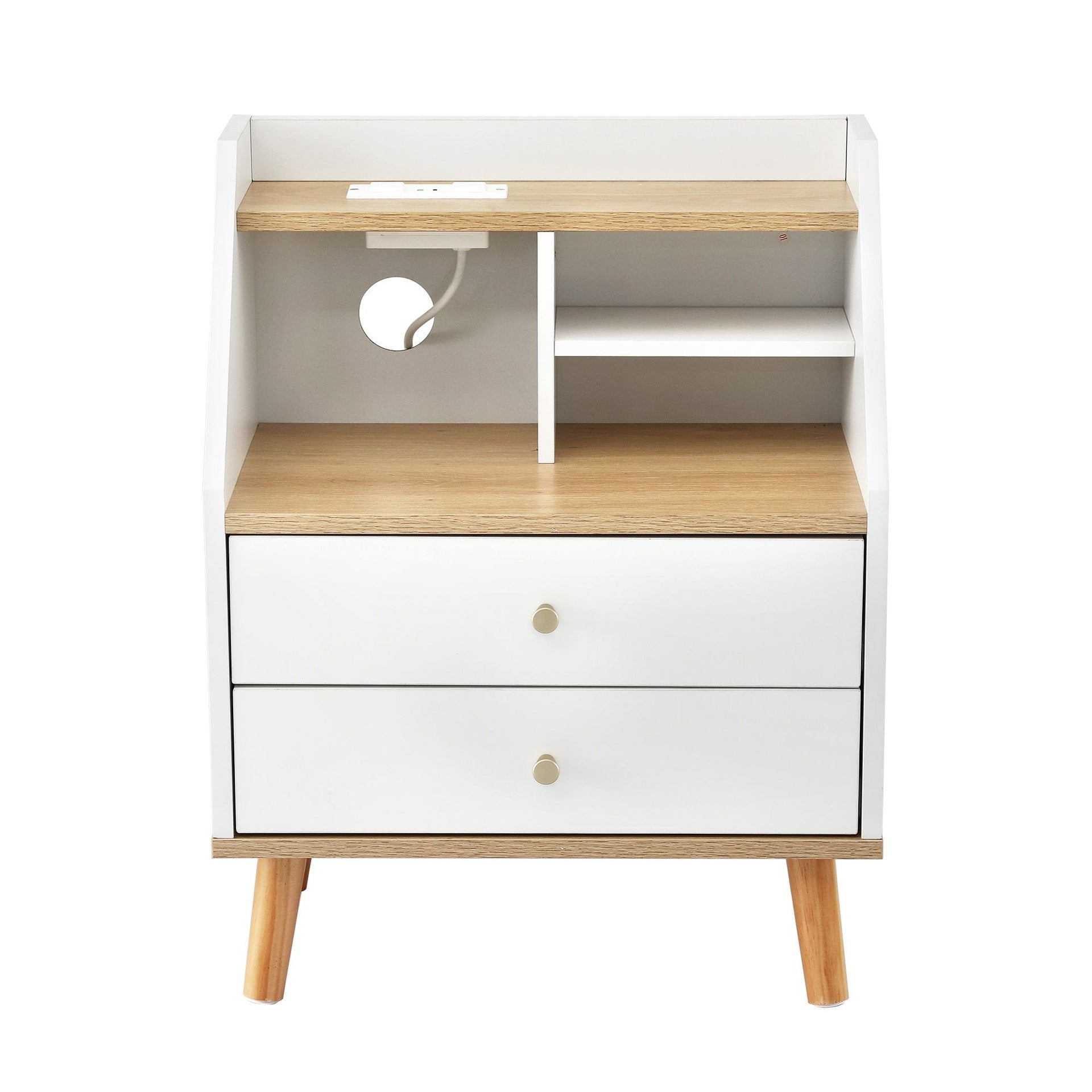 Artiss Bedside Table 2 Drawers Charging Station White and Pine Awezingly