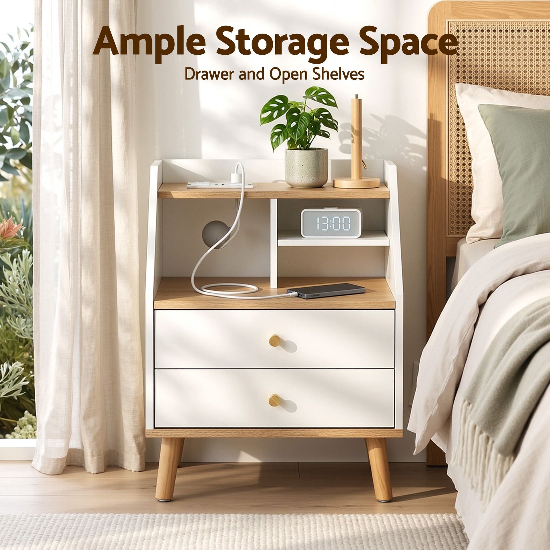 Artiss Bedside Table 2 Drawers Charging Station White and Pine Awezingly