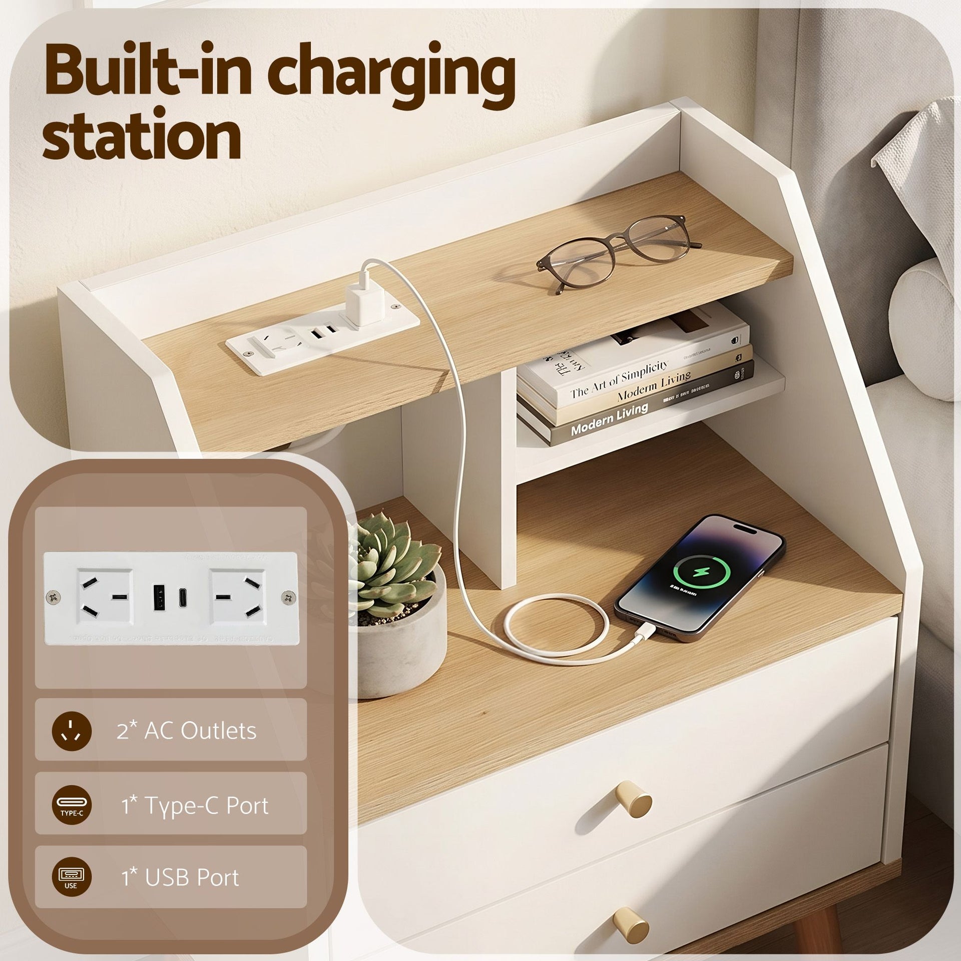 Artiss Bedside Table 2 Drawers Charging Station White and Pine Awezingly