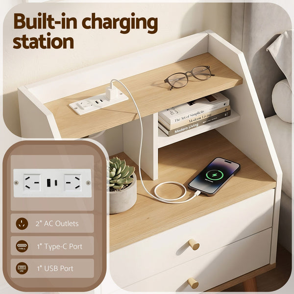 Artiss Bedside Table 2 Drawers Charging Station White and Pine Awezingly