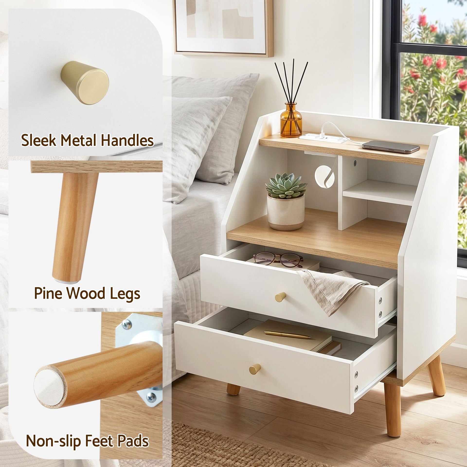 Artiss Bedside Table 2 Drawers Charging Station White and Pine Awezingly
