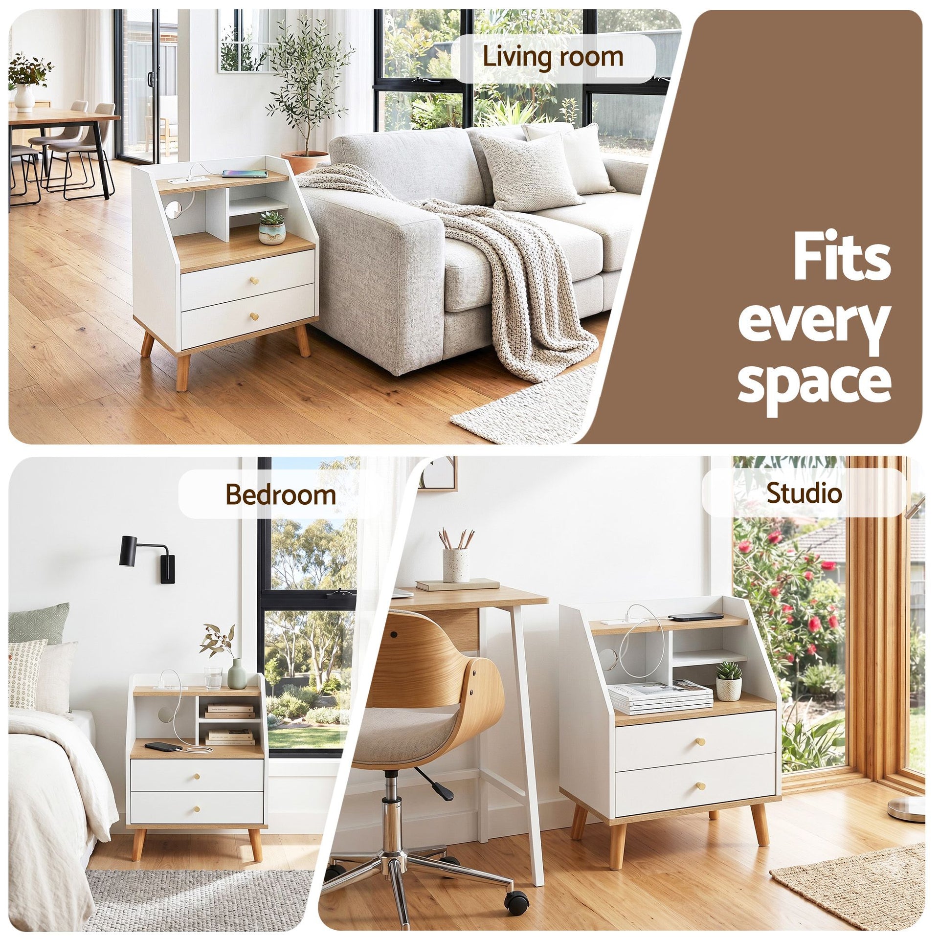 Artiss Bedside Table 2 Drawers Charging Station White and Pine Awezingly
