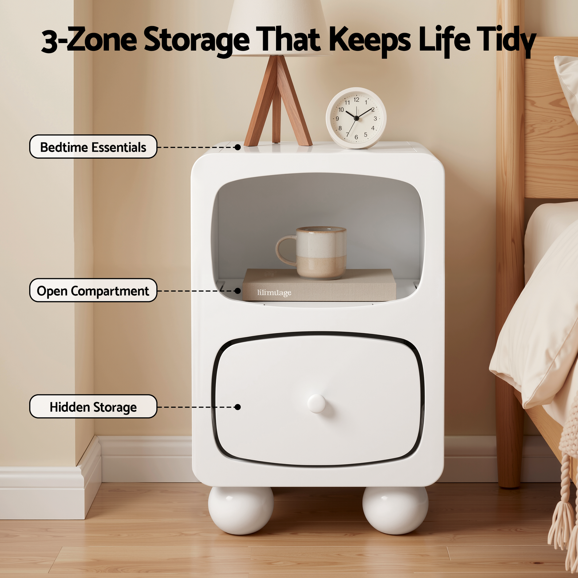 Artiss Bedside Table Storage Drawer Shelf Pine Wood Legs White Awezingly