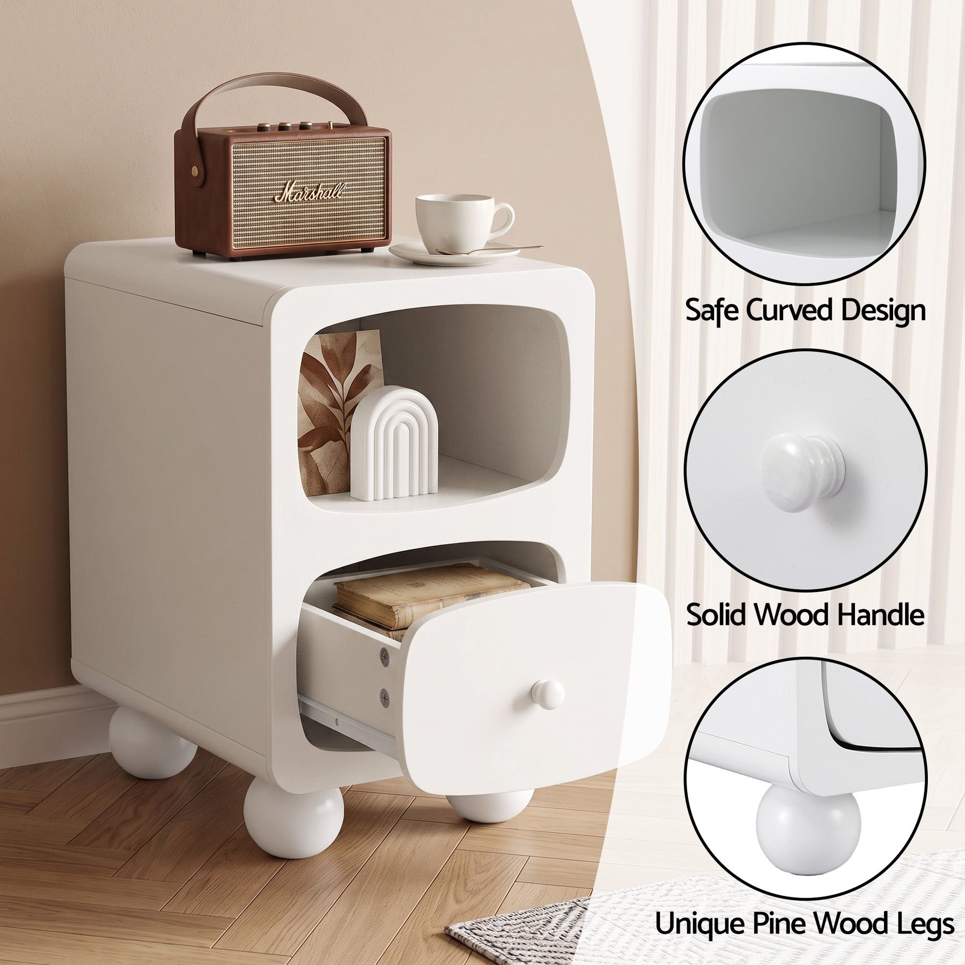 Artiss Bedside Table Storage Drawer Shelf Pine Wood Legs White Awezingly