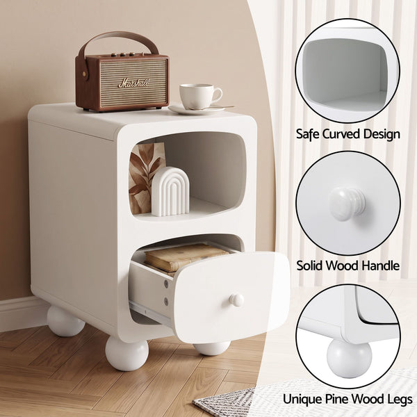 Artiss Bedside Table Storage Drawer Shelf Pine Wood Legs White Awezingly
