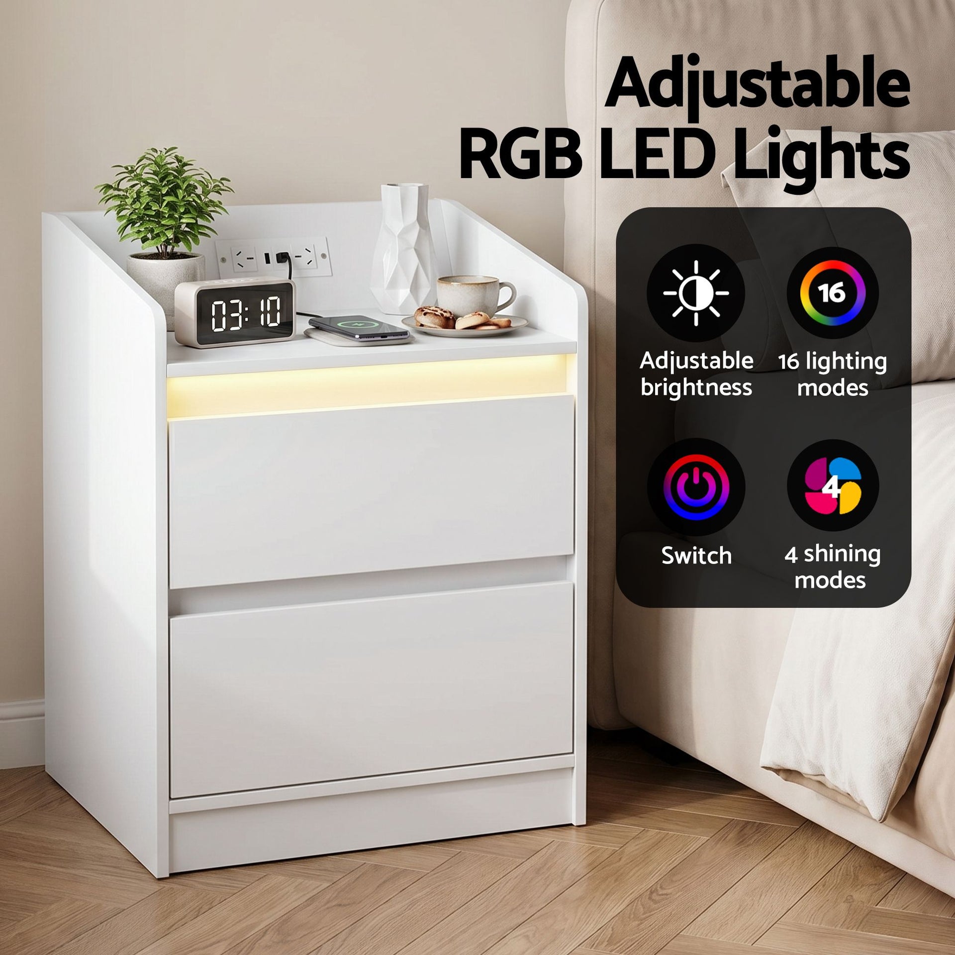 Artiss Bedside Table Nightstand with Charging Station 2 Drawers LED White Awezingly