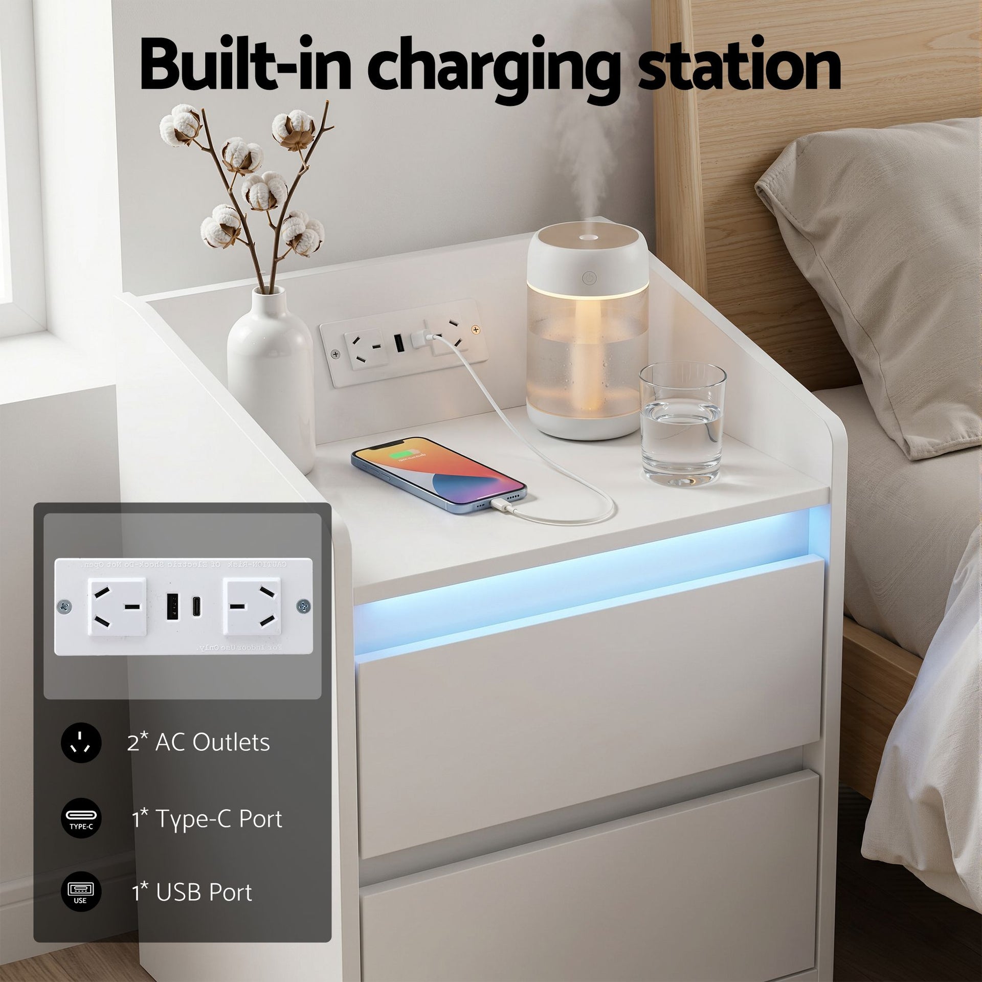 Artiss Bedside Table Nightstand with Charging Station 2 Drawers LED White Awezingly