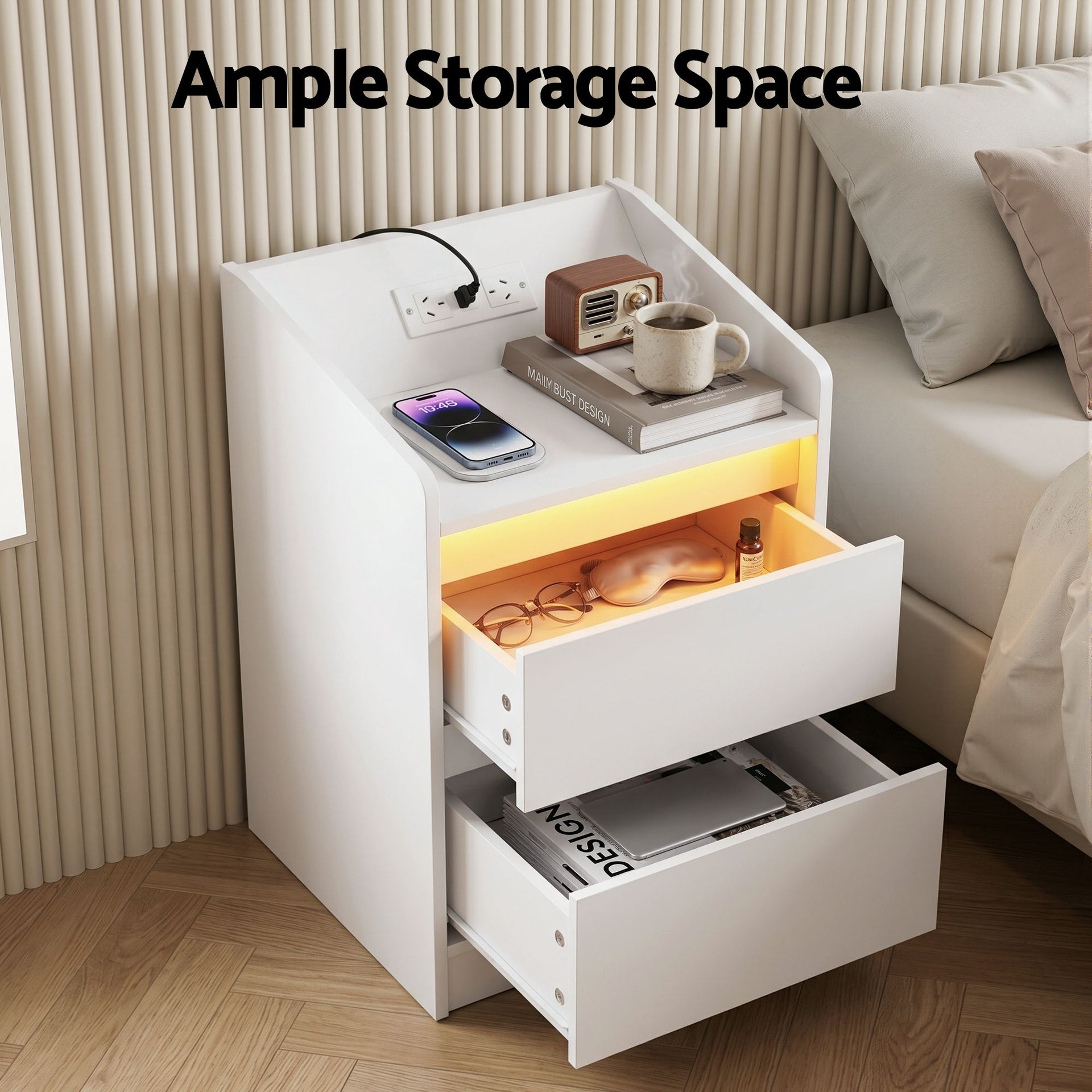 Artiss Bedside Table Nightstand with Charging Station 2 Drawers LED White Awezingly