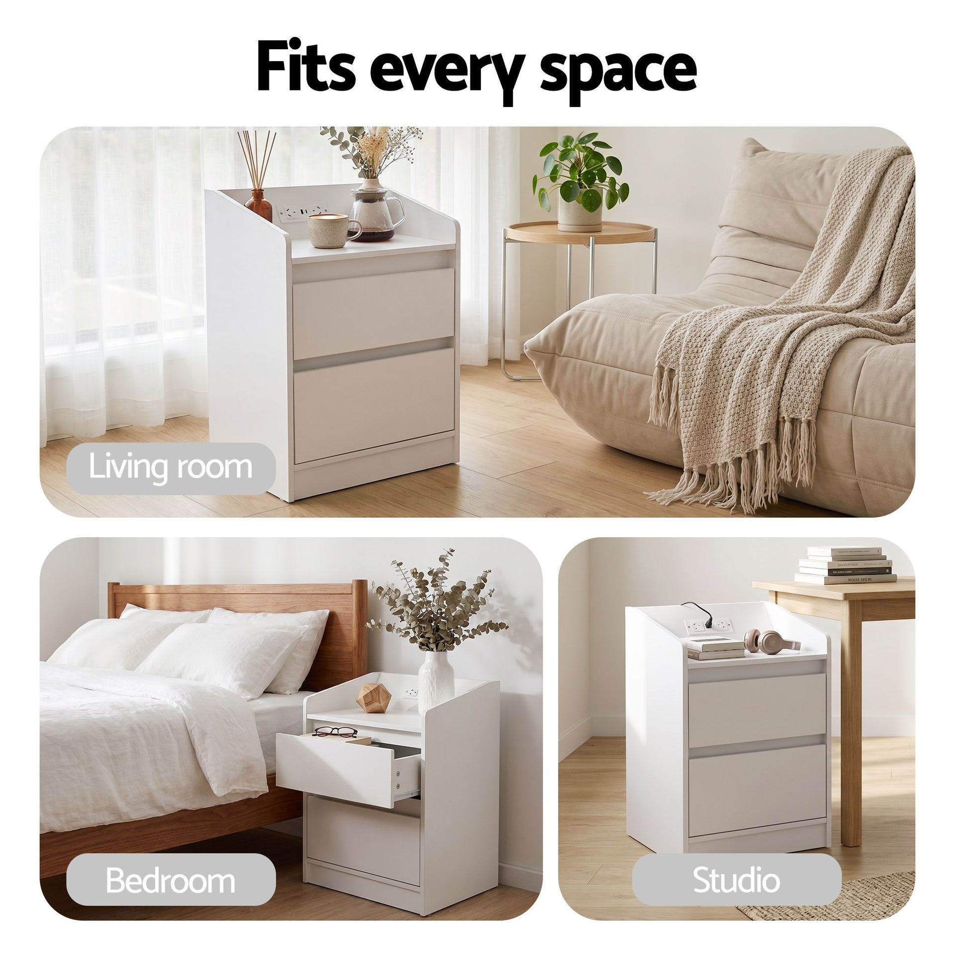 Artiss Bedside Table Nightstand with Charging Station 2 Drawers LED White Awezingly