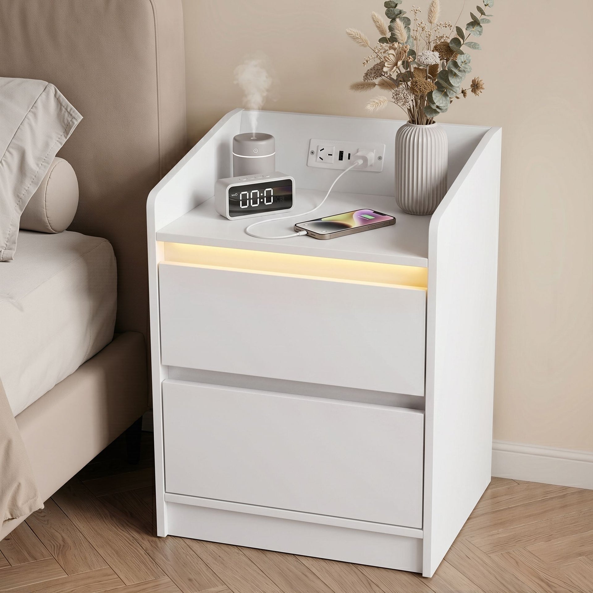 Artiss Bedside Table Nightstand with Charging Station 2 Drawers LED White Awezingly