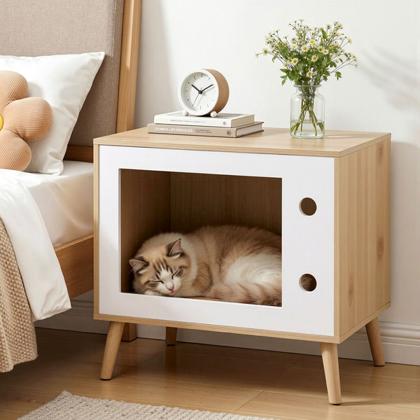 Artiss Cat Nest Bedside Table Solid Wood 60cm Awezingly