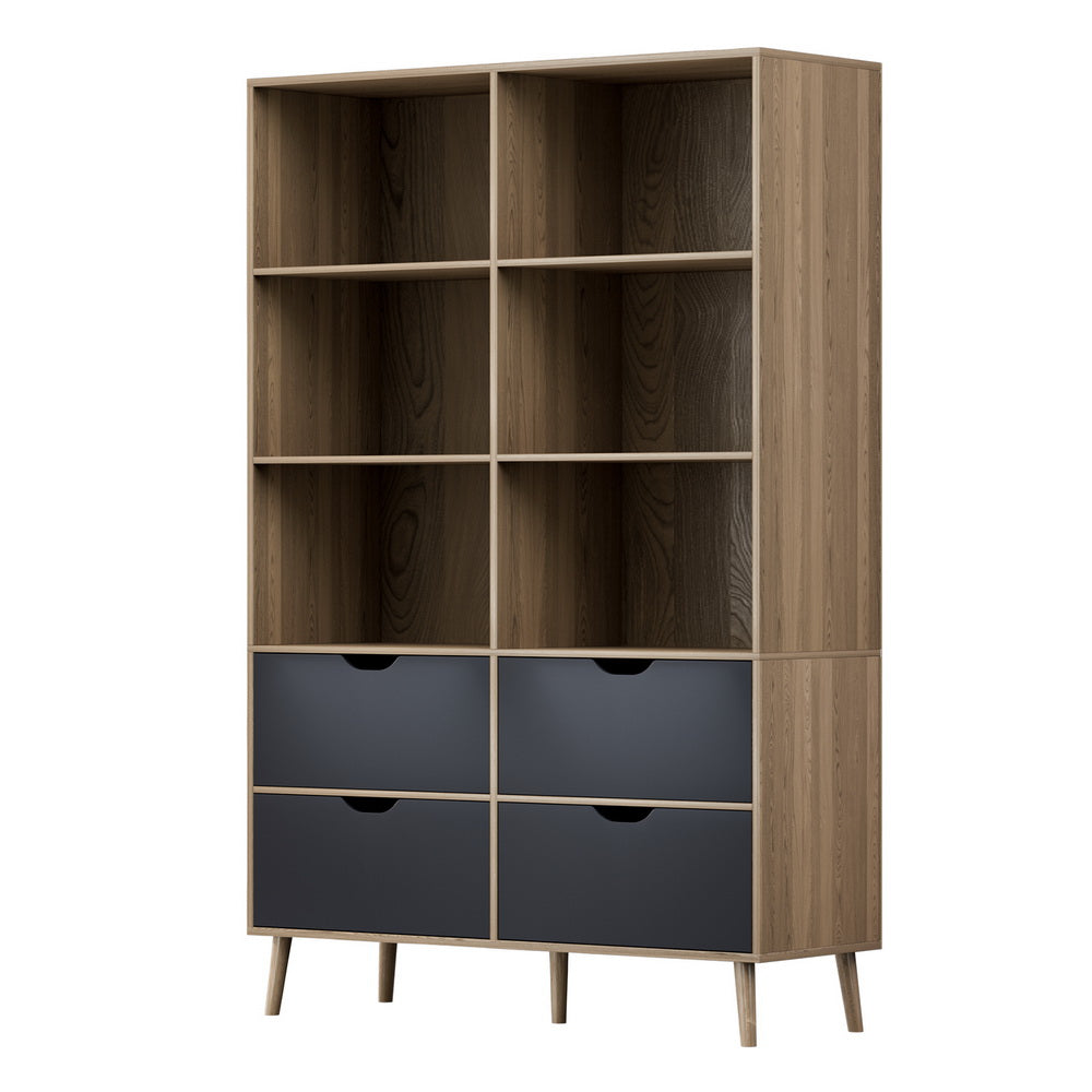 Artiss Bookshelf with 4 Drawers - MITZI Oak and Blue Artiss