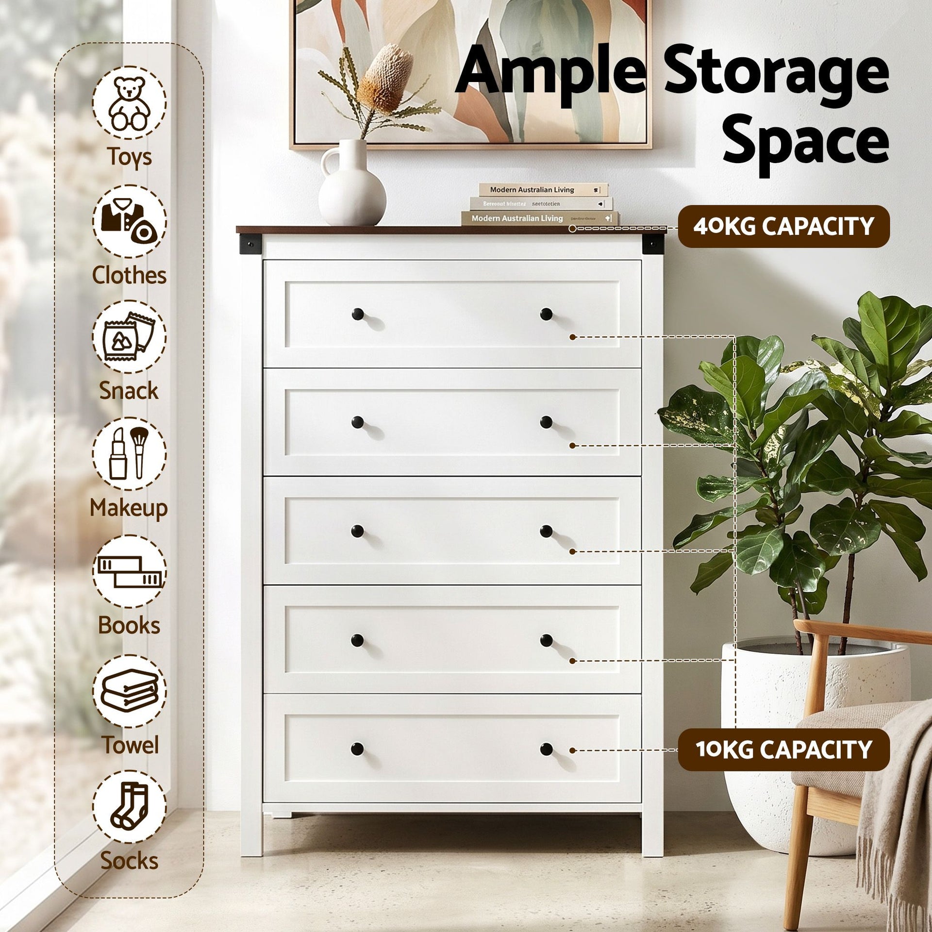 Artiss 5 Chest of Drawers Storage Tallboy White & Walnut Awezingly