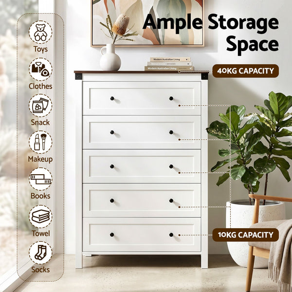 Artiss 5 Chest of Drawers Storage Tallboy White & Walnut Awezingly