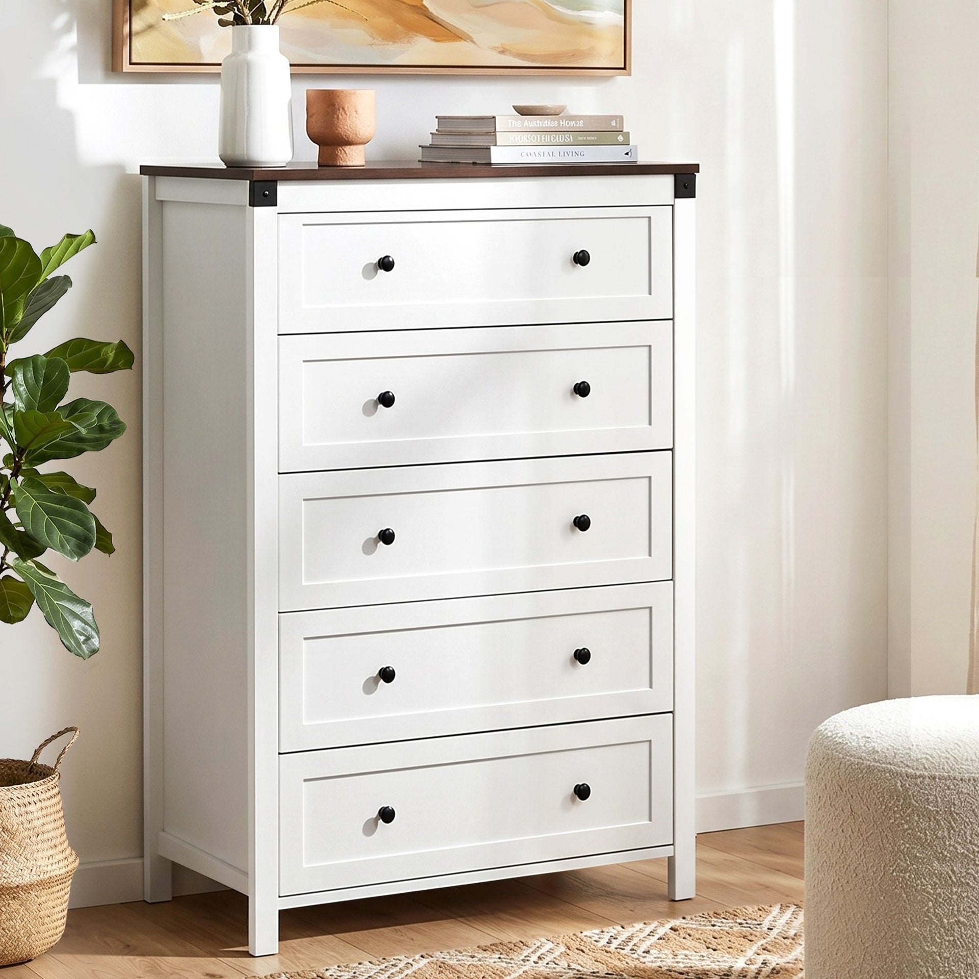 Artiss 5 Chest of Drawers Storage Tallboy White & Walnut Awezingly