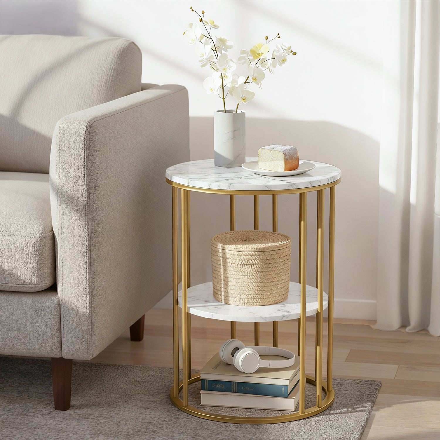 Artiss Coffee Table 2-Tier Round Marble Effect White&Gold Artiss