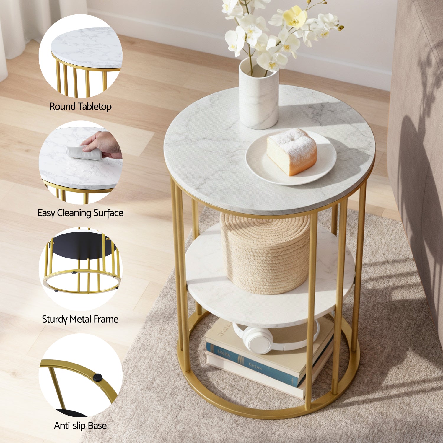 Artiss Coffee Table 2-Tier Round Marble Effect White&Gold Artiss