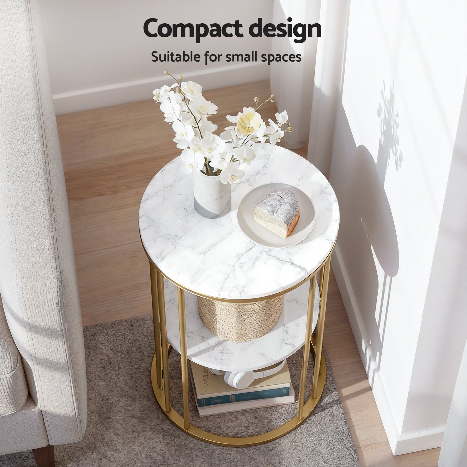 Artiss Coffee Table 2-Tier Round Marble Effect White&Gold Artiss