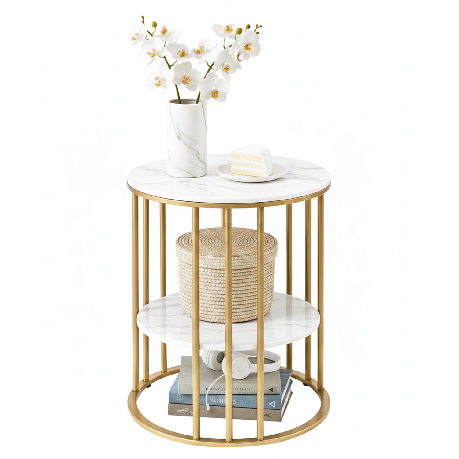 Artiss Coffee Table 2-Tier Round Marble Effect White&Gold Artiss
