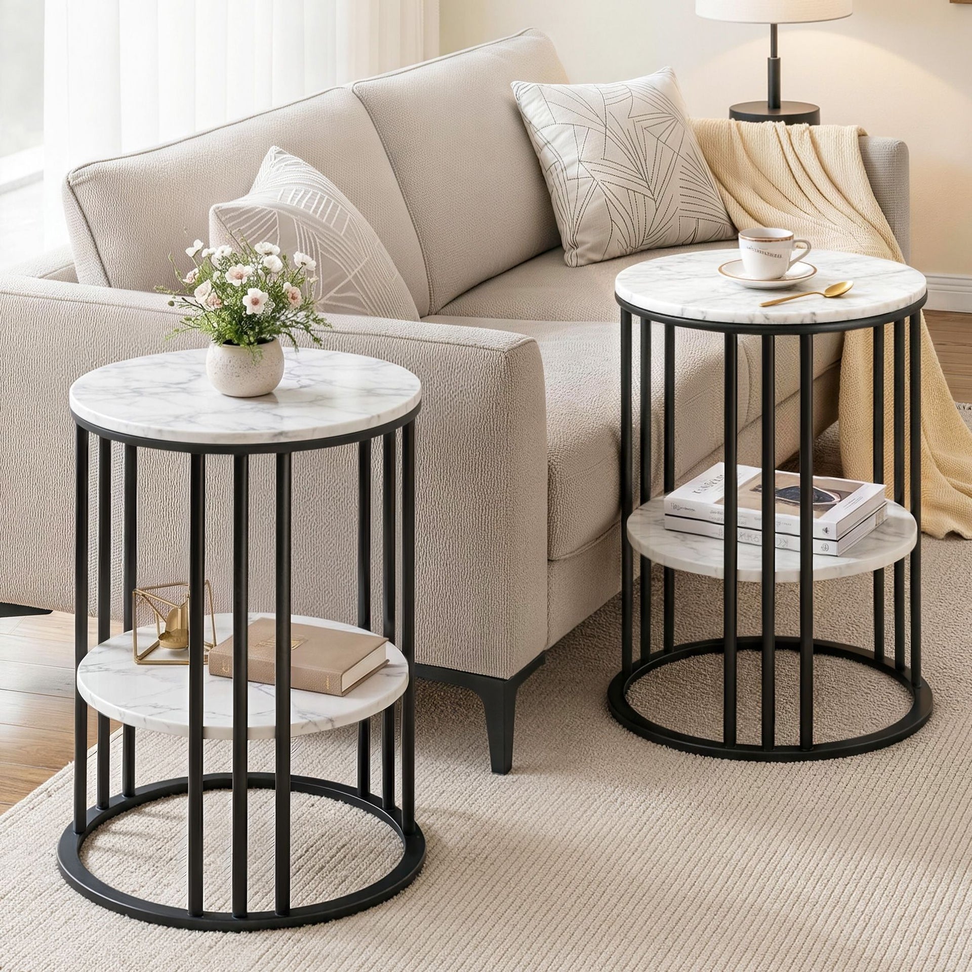 Artiss Set of 2 Side Table Coffee Table 2-Tier Round Marble Effect Awezingly