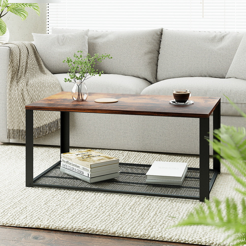Artiss Coffee Table 2-Tier Rustic Brown 104CM Awezingly
