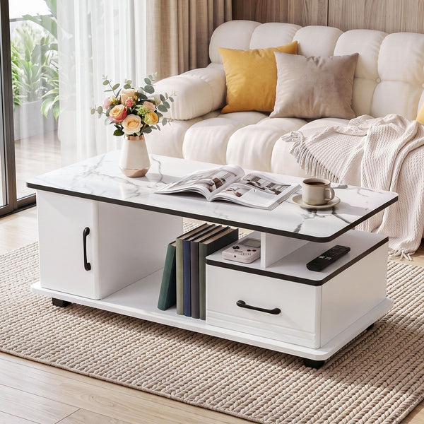 Artiss Coffee Table Marble Finish Center Table with Storage Drawer Cabinet Wood White Awezingly