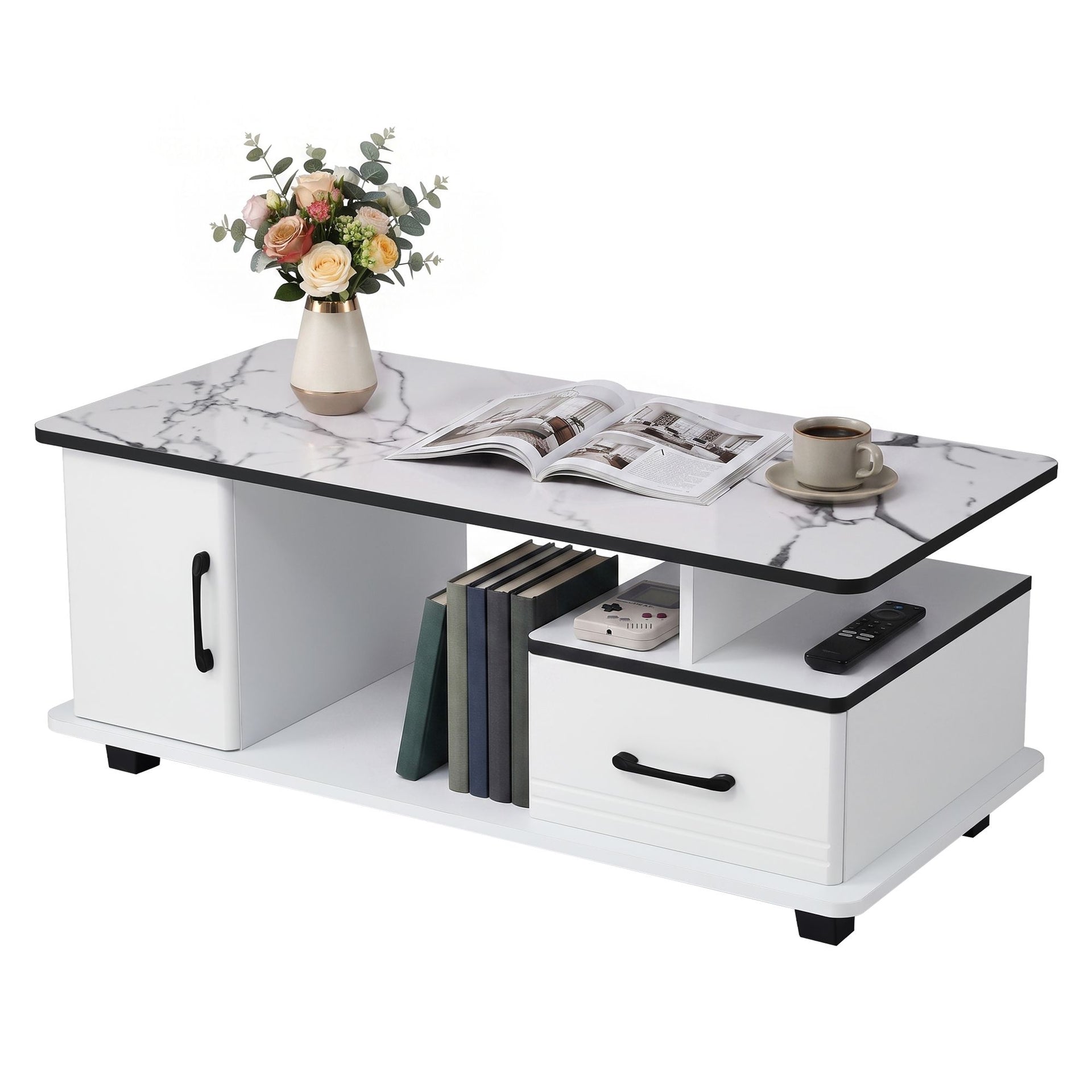 Artiss Coffee Table Marble Finish Center Table with Storage Drawer Cabinet Wood White Awezingly