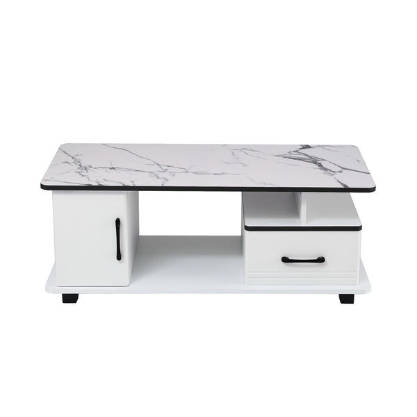 Artiss Coffee Table Marble Finish Center Table with Storage Drawer Cabinet Wood White Awezingly