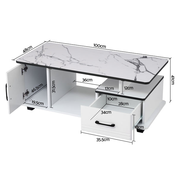 Artiss Coffee Table Marble Finish Center Table with Storage Drawer Cabinet Wood White Awezingly
