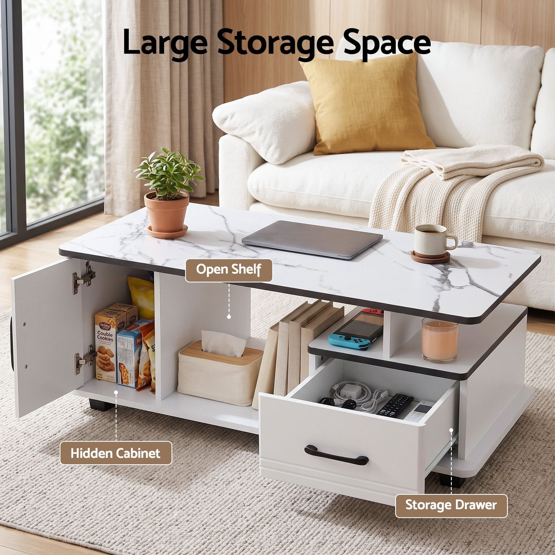 Artiss Coffee Table Marble Finish Center Table with Storage Drawer Cabinet Wood White Awezingly