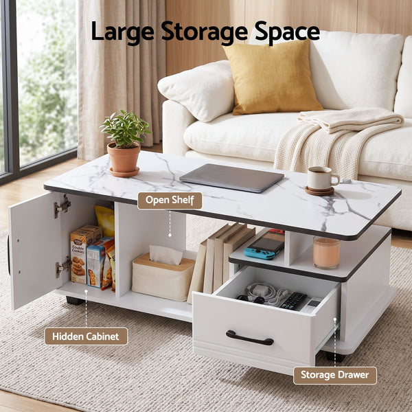 Artiss Coffee Table Marble Finish Center Table with Storage Drawer Cabinet Wood White Awezingly