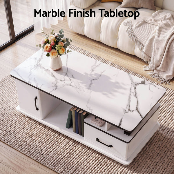 Artiss Coffee Table Marble Finish Center Table with Storage Drawer Cabinet Wood White Awezingly